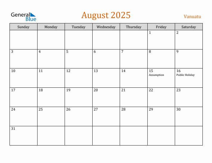 August 2025 Holiday Calendar with Sunday Start