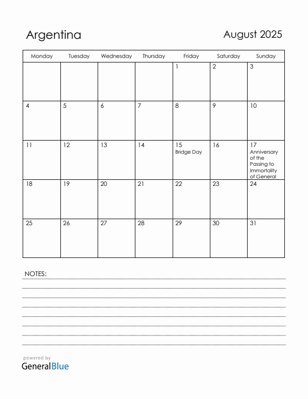 August 2025 Argentina Calendar with Holidays (Monday Start)