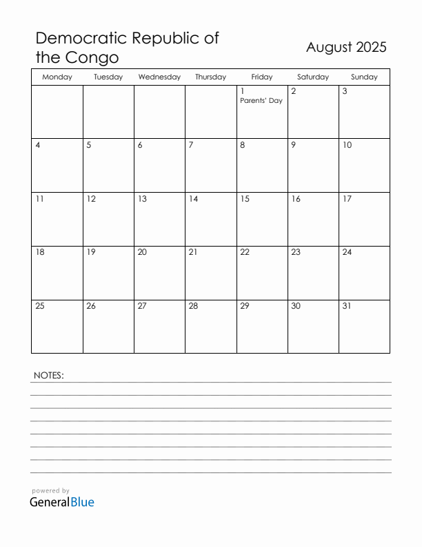 August 2025 Democratic Republic of the Congo Calendar with Holidays (Monday Start)