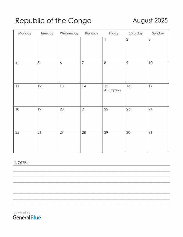 August 2025 Republic of the Congo Calendar with Holidays (Monday Start)