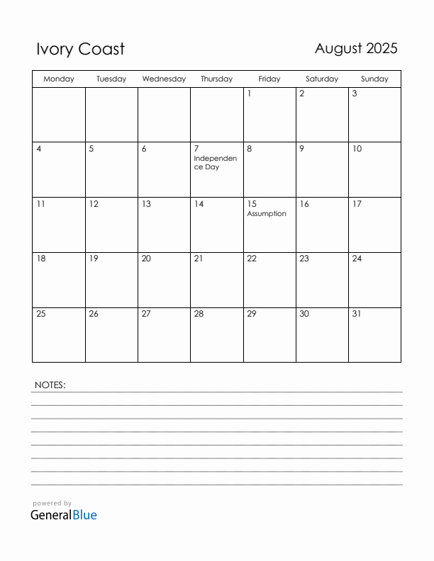 August 2025 Ivory Coast Calendar with Holidays (Monday Start)