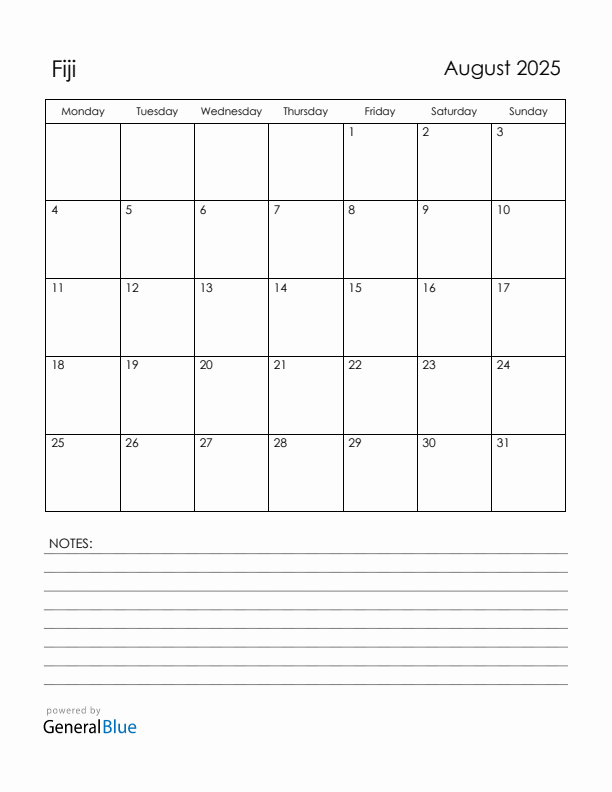 August 2025 Fiji Calendar with Holidays (Monday Start)