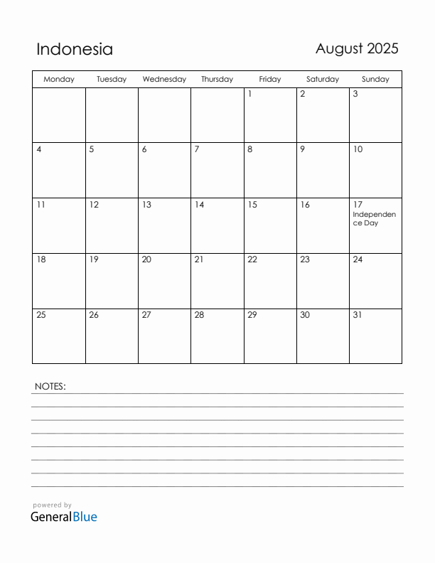 August 2025 Indonesia Calendar with Holidays (Monday Start)