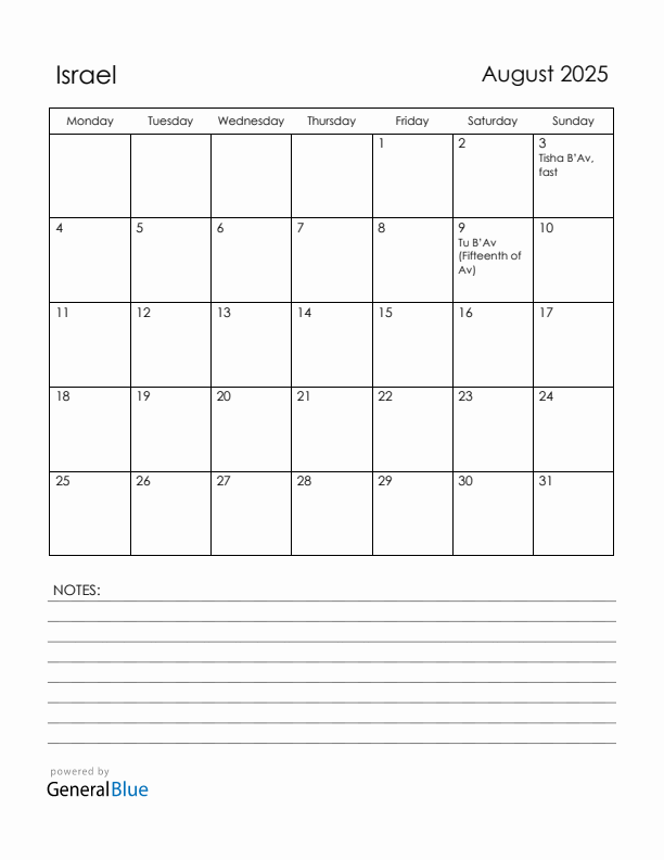 August 2025 Israel Calendar with Holidays (Monday Start)