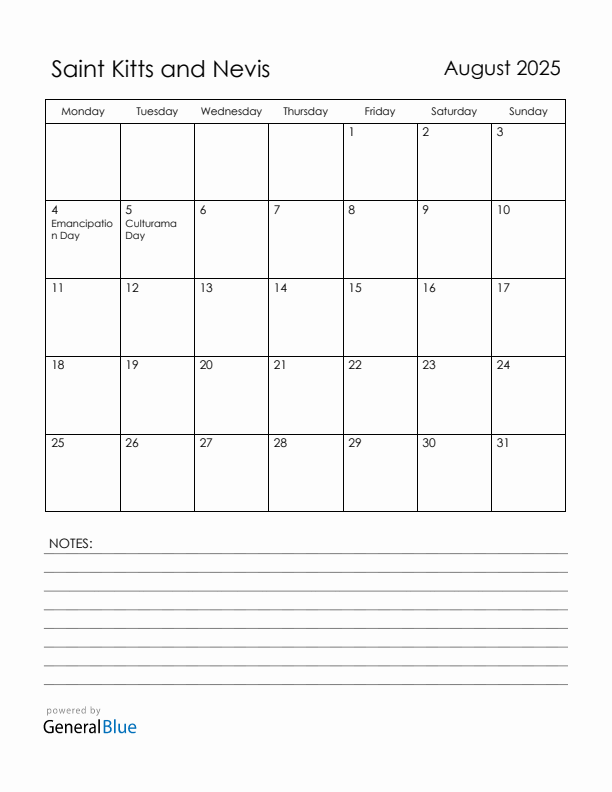 August 2025 Saint Kitts and Nevis Calendar with Holidays (Monday Start)