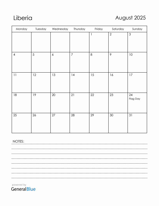 August 2025 Liberia Calendar with Holidays (Monday Start)