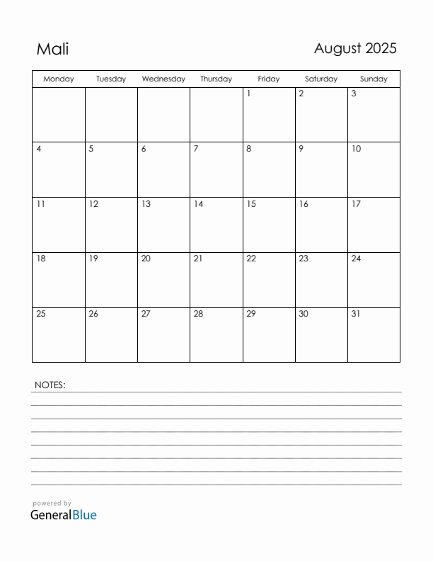 August 2025 Mali Calendar with Holidays (Monday Start)