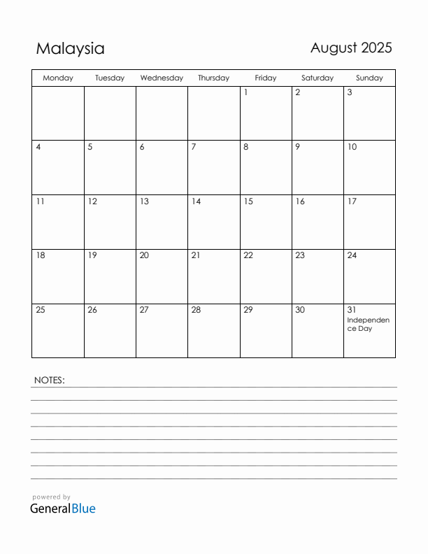 August 2025 Malaysia Calendar with Holidays (Monday Start)