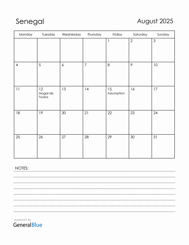 August 2025 Senegal Calendar with Holidays (Monday Start)