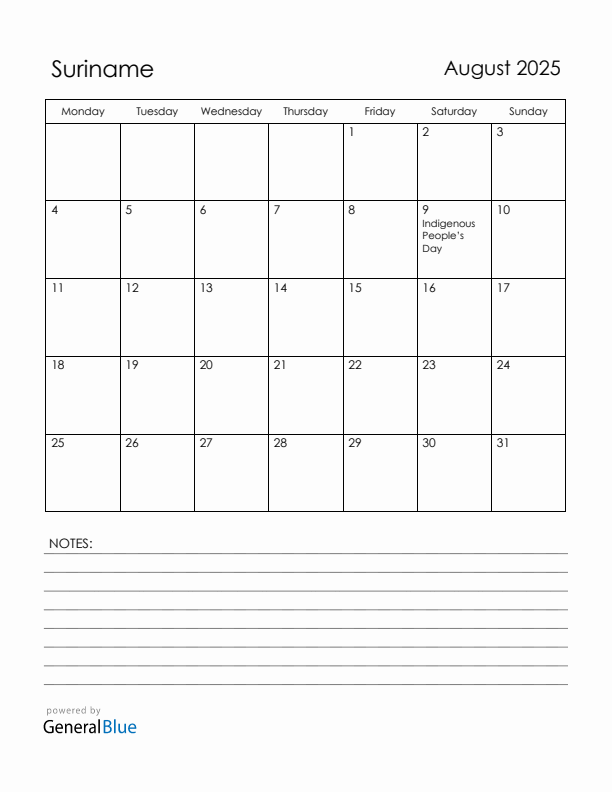 August 2025 Suriname Calendar with Holidays (Monday Start)