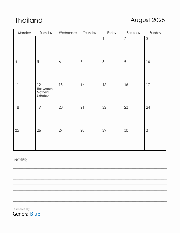 August 2025 Thailand Calendar with Holidays (Monday Start)