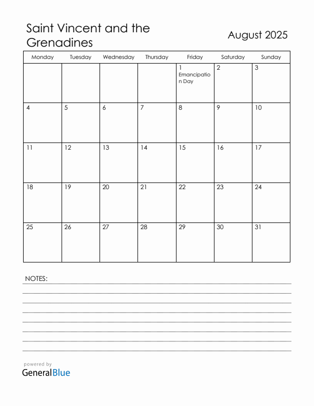 August 2025 Saint Vincent and the Grenadines Calendar with Holidays (Monday Start)