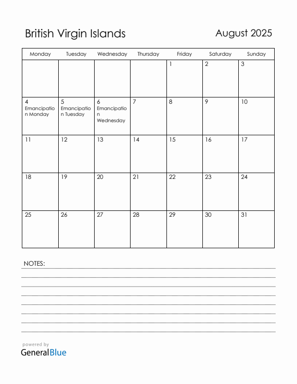August 2025 British Virgin Islands Calendar with Holidays (Monday Start)