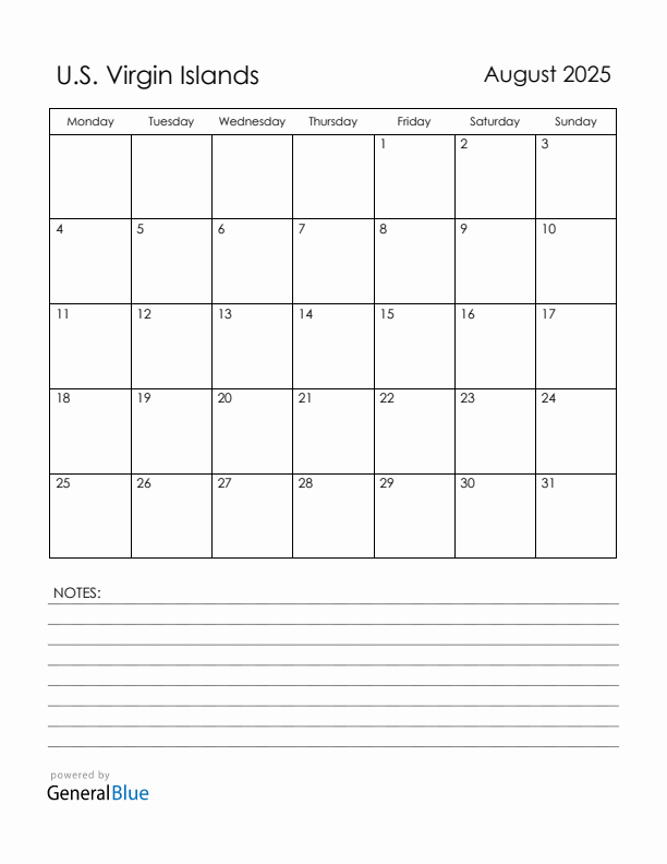 August 2025 U.S. Virgin Islands Calendar with Holidays (Monday Start)