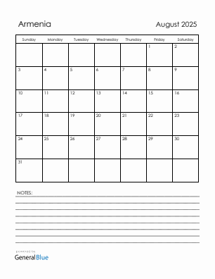 Current month calendar with Armenia holidays for August 2025