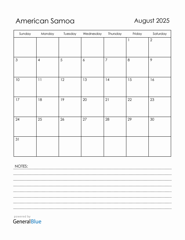 August 2025 American Samoa Calendar with Holidays (Sunday Start)