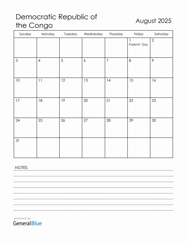 August 2025 Democratic Republic of the Congo Calendar with Holidays (Sunday Start)