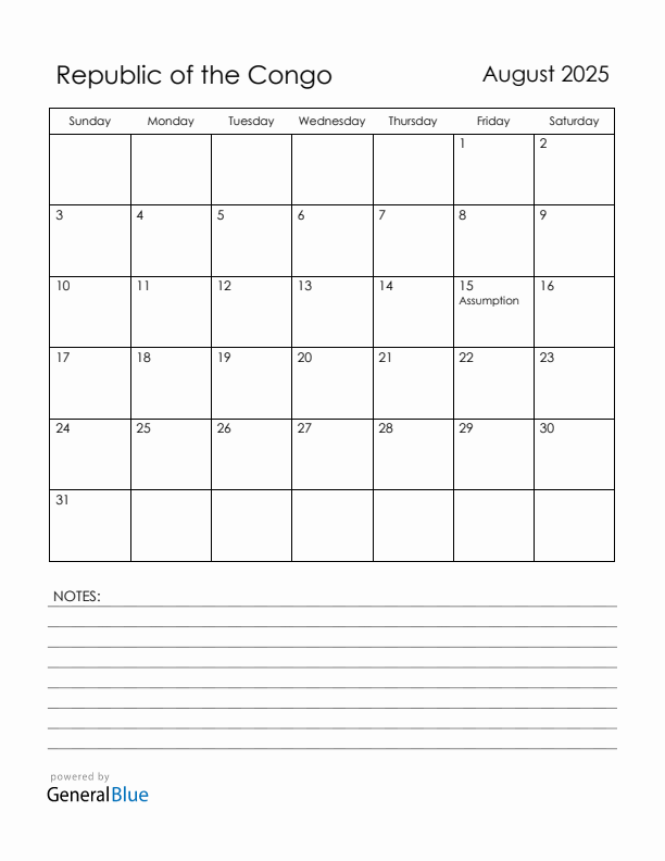 August 2025 Republic of the Congo Calendar with Holidays (Sunday Start)