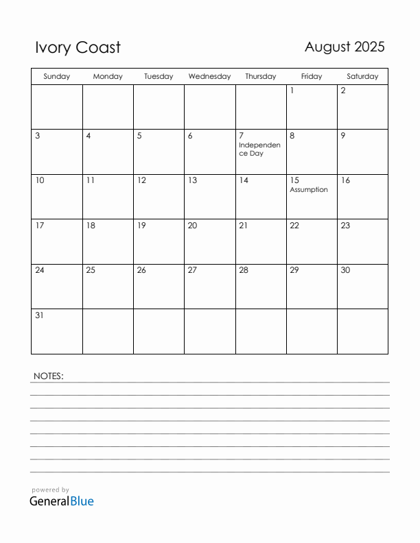 August 2025 Ivory Coast Calendar with Holidays (Sunday Start)
