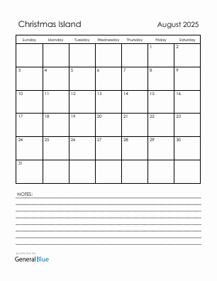 Current month calendar with Christmas Island holidays for August 2025