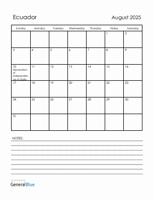 Current month calendar with Ecuador holidays for August 2025