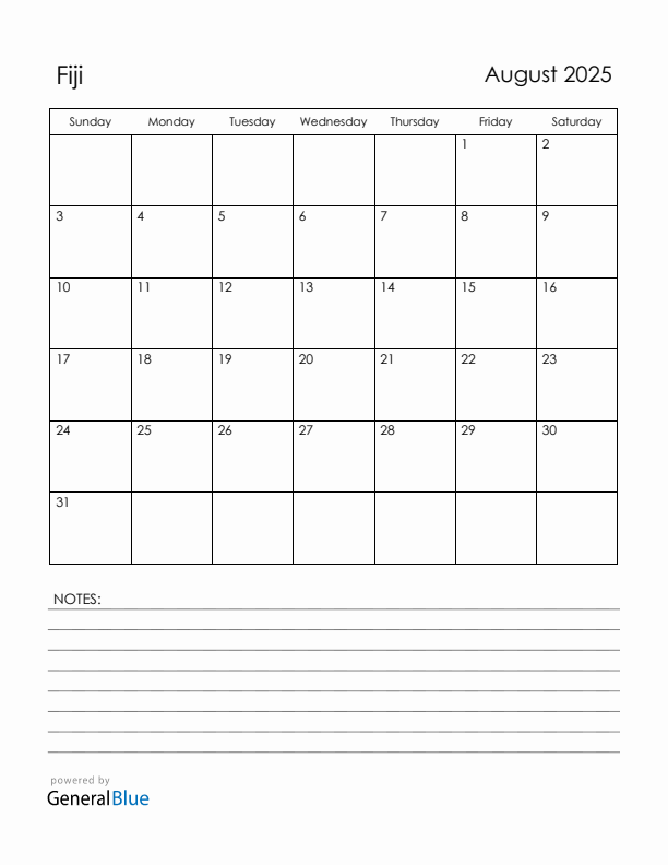 August 2025 Fiji Calendar with Holidays (Sunday Start)