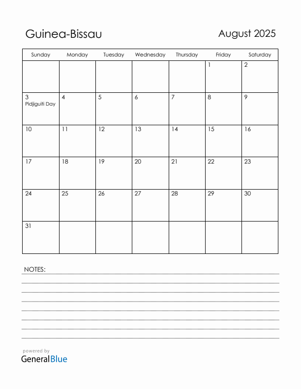 August 2025 Guinea-Bissau Calendar with Holidays (Sunday Start)