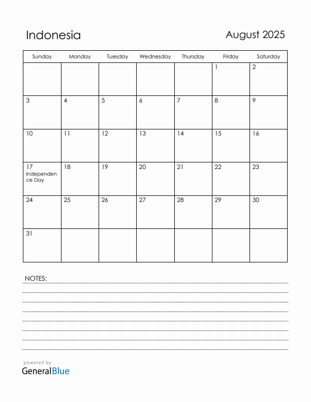 August 2025 Indonesia Calendar with Holidays (Sunday Start)