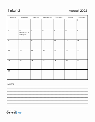 Current month calendar with Ireland holidays for August 2025