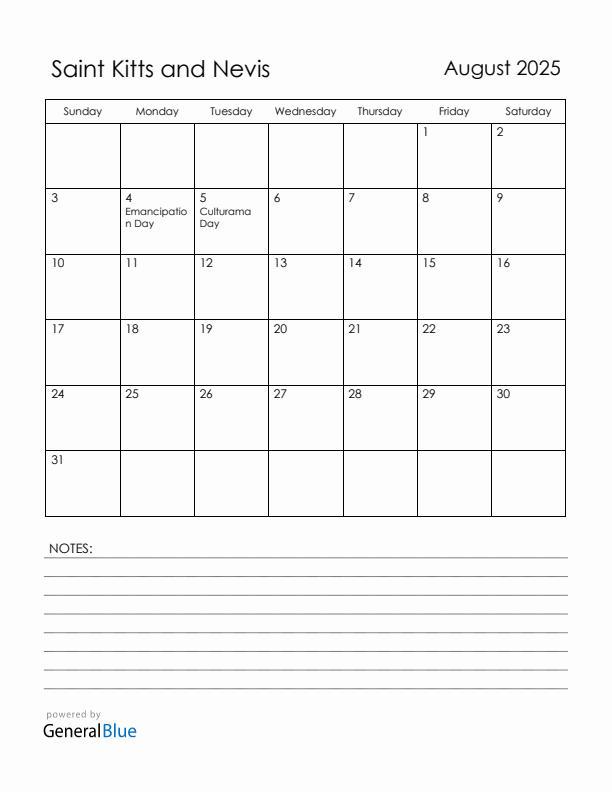 August 2025 Saint Kitts and Nevis Calendar with Holidays (Sunday Start)