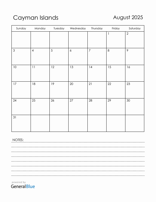 August 2025 Cayman Islands Calendar with Holidays (Sunday Start)
