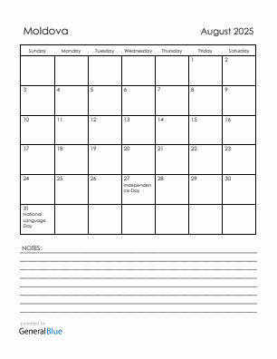 Current month calendar with Moldova holidays for August 2025