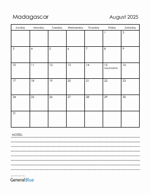Current month calendar with Madagascar holidays for August 2025