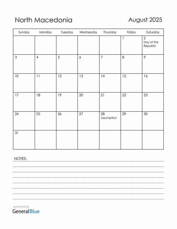 August 2025 North Macedonia Calendar with Holidays (Sunday Start)