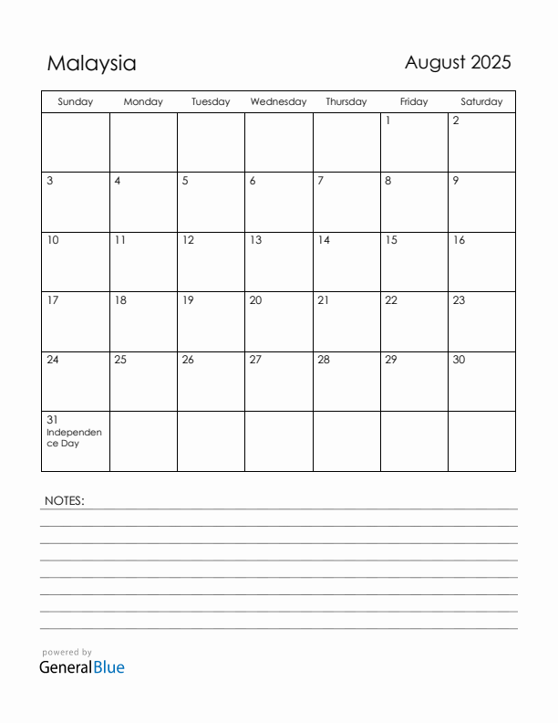 August 2025 Malaysia Calendar with Holidays (Sunday Start)