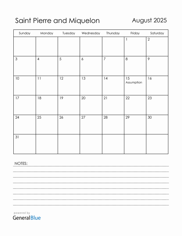 August 2025 Saint Pierre and Miquelon Calendar with Holidays (Sunday Start)