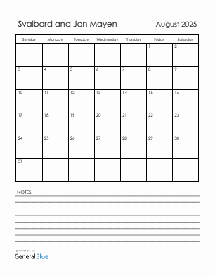 Current month calendar with Svalbard and Jan Mayen holidays for August 2025