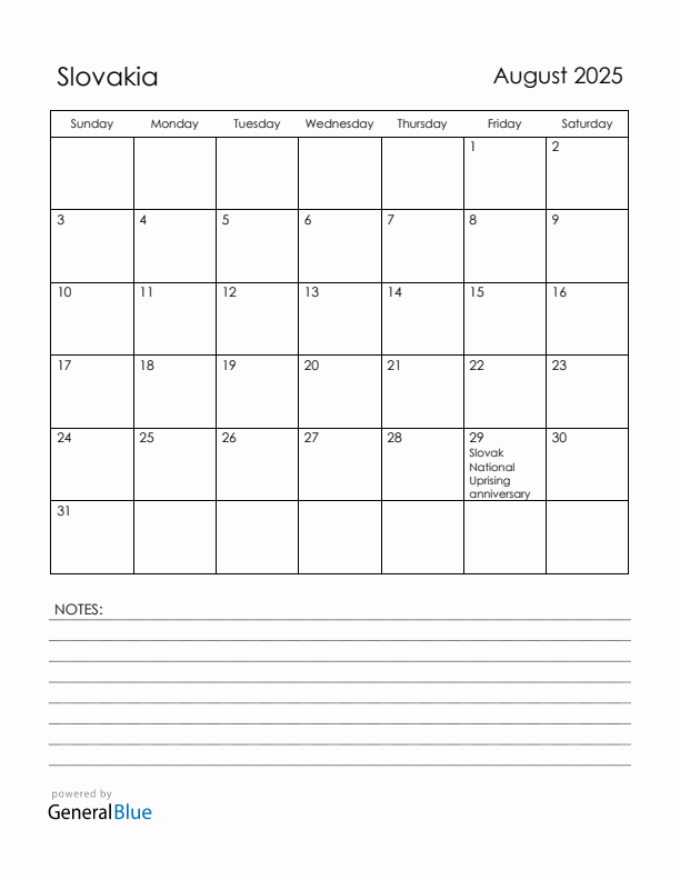 August 2025 Slovakia Calendar with Holidays (Sunday Start)