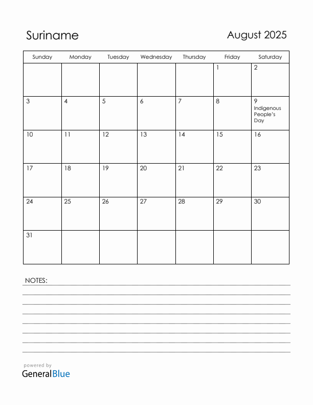 August 2025 Suriname Calendar with Holidays (Sunday Start)