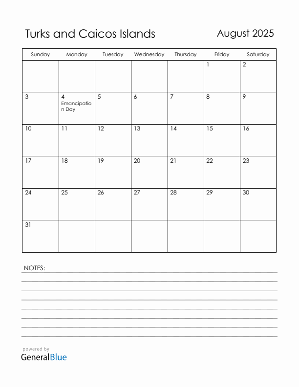 August 2025 Turks and Caicos Islands Calendar with Holidays (Sunday Start)