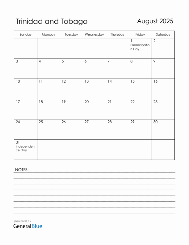 August 2025 Trinidad and Tobago Calendar with Holidays (Sunday Start)
