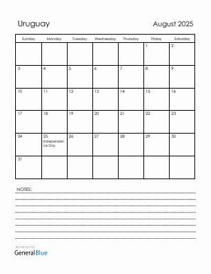 Current month calendar with Uruguay holidays for August 2025