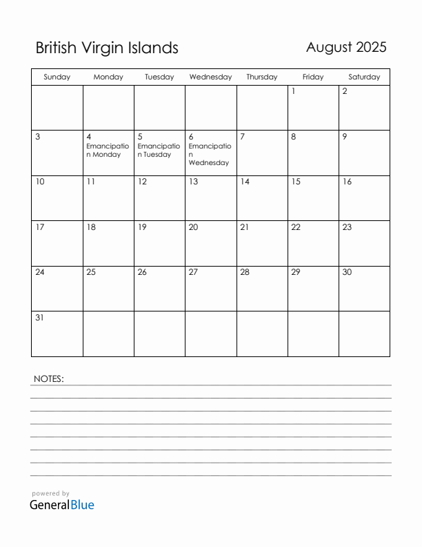 August 2025 British Virgin Islands Calendar with Holidays (Sunday Start)