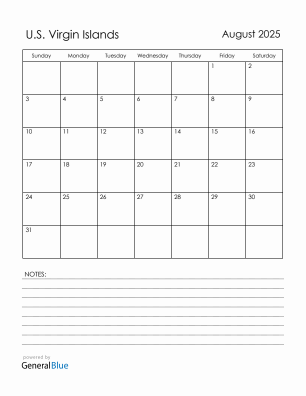 August 2025 U.S. Virgin Islands Calendar with Holidays (Sunday Start)