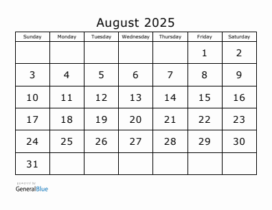 Next month calendar August 2025