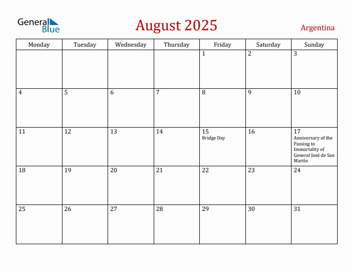 Argentina August 2025 Calendar - Monday Start