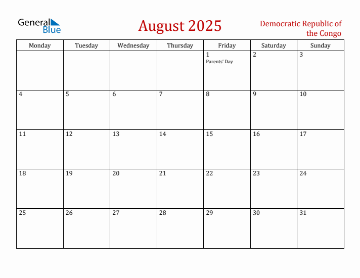 Democratic Republic of the Congo August 2025 Calendar - Monday Start