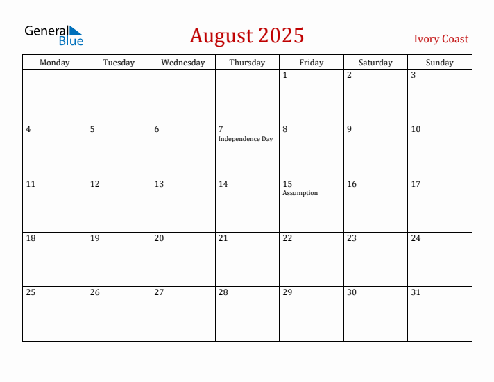 Ivory Coast August 2025 Calendar - Monday Start