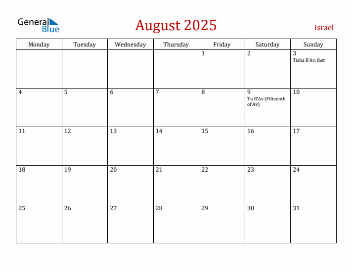 Israel August 2025 Calendar - Monday Start