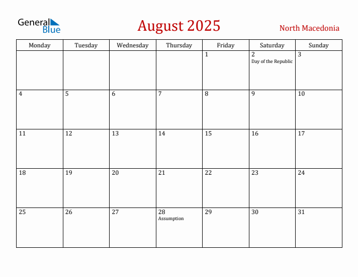 North Macedonia August 2025 Calendar - Monday Start